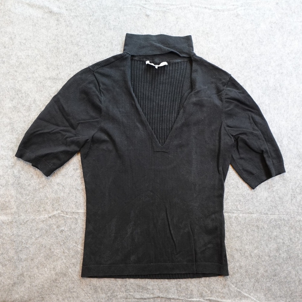 FRAME Top Women Large Black Silk Blend Ribbed Cutout Mock Neck Short Sleeve Noir